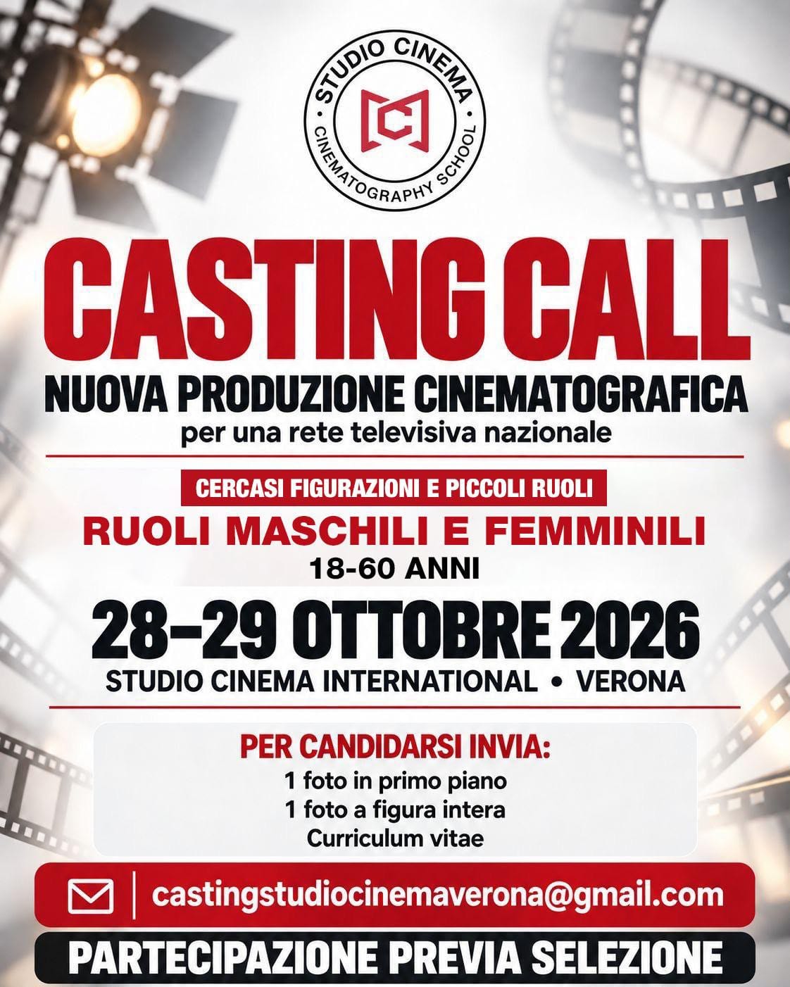 Casting call per film rete tv nazionale 28/29 ottobre presso Studiocinema Verona